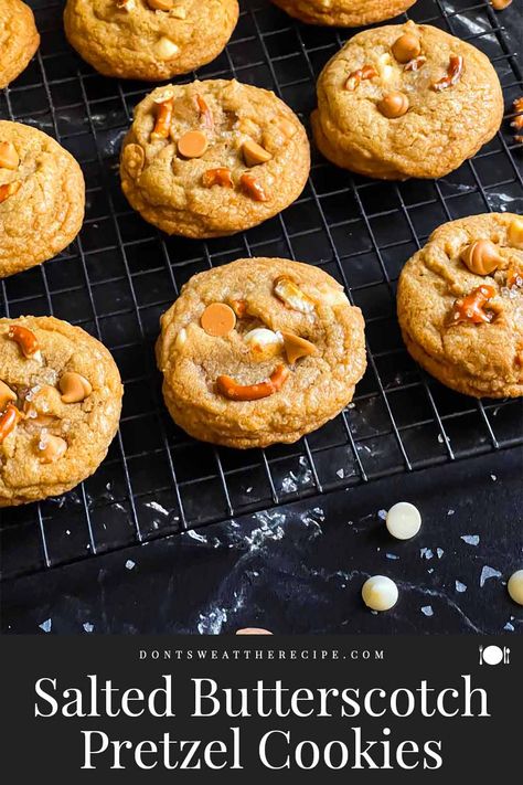 This Salted Butterscotch Pretzel Cookies recipe will satisfy your salty-sweet obsession. They have perfectly crispy edges with a chewy center. Butterscotch Pretzels, Butterscotch Pretzel Cookies, Sea Salt Butterscotch Pretzel Cookies, Butterscotch Cookies Recipes, Pretzel Chips, Salted Caramel Pretzels, Pretzel Cookies, Salted Pretzel, Peanut Butter Balls Recipe