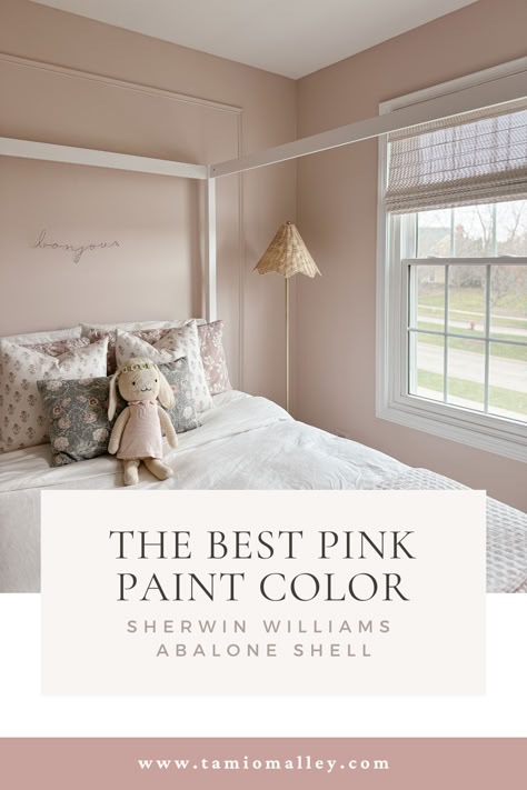 the best pink paint color, little girls room , 8 year old girls room,Girls bedroom ideas from an interior designer, Sherwin Williams Abalone Pink paint color, white canopy bed, rattan light, lillian august rattan lamp, full size canopy bed, block print quilt and pillow cases, picture frame moulding in girls room, bamboo bench from target Sw Blush Pink Paint, Sw Abalone Shell, Paris Romance Benjamin Moore, Light Mauve Pink Paint, Rose Pink Girls Bedroom, Romance Sherwin Williams Paint, Sherwin Williams Smoky Salmon, Blush Sherwin Williams Paint, Blush Pink Sherwin Williams