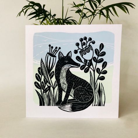 "Summer Fox  Hand Printed, Lino greetings card from one of my original designs. Printed in three colours, blue, green & black on high quality 6\" x 6\" white card with envelope. All cards are recyclable and come in an eco friendly card wrap. Prints and colour may vary slightly due to the handmade nature of the printing process which makes each one unique and one of a kind." Linocut Artists, Linocut Printmaking, Lino Art, Linocut Art, Print Greeting Cards, Sgraffito, Monoprint, Lino Print, Linocut Prints