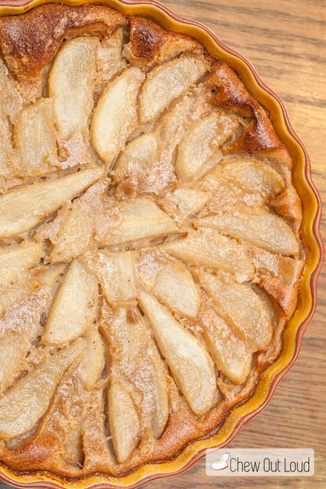 Julia Child's Pear Clafoutis. Delicious Custard Center and Puffy Soufflé Top. Impressive yet simple. Pear Clafoutis, Clafoutis Recipes, Julia Child Recipes, Pear Dessert, Pear Recipes, French Dessert, Fruity Desserts, Sweet Wine, French Cooking