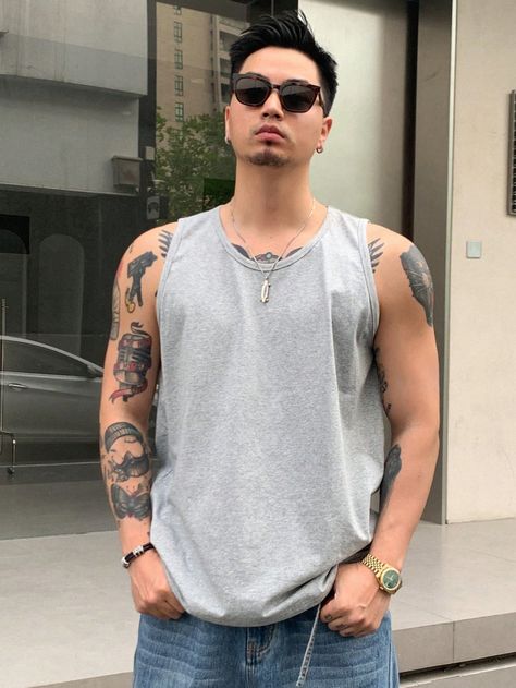 Grey Casual Collar Sleeveless Knitted Fabric Plain  Embellished Slight Stretch  Men Clothing Over Size Outfit Men, Gray Tank Outfit, Mens Tank Top Outfits, Grey Tank Top Outfit, Minimalist Outfit Men, Minimalist Aesthetic Outfit, Aesthetic Outfits Men, Tank Outfit, Tank Top Outfits