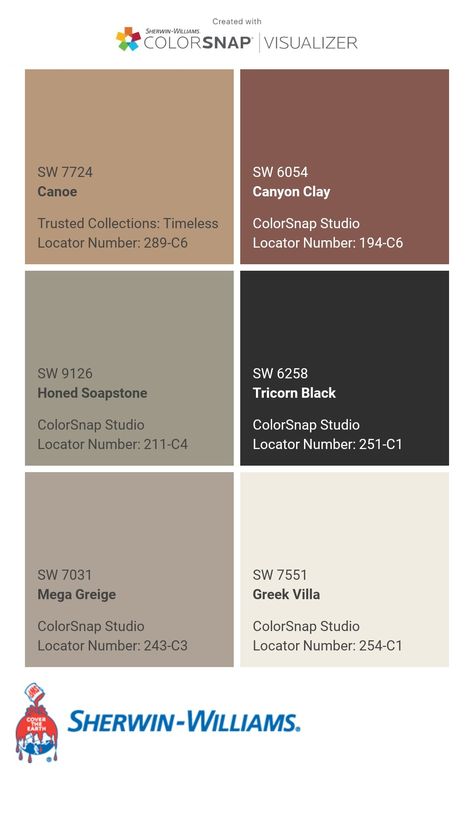 I just created this color palette with the Sherwin-Williams ColorSnap® Visualizer app on my Android phone. What do you think? You can learn more about ColorSnap Visualizer and get it on your phone free by visiting https://www.sherwin-williams.com/content/colorsnap.html. Dutch Colonial Exterior, Greek Villa Sherwin Williams, Outdoor Paint Colors, Exterior Paint Color Schemes, Exterior Color Ideas, Rustic Color Palettes, Greek Villa, Exterior House Paint Color, Brown Granite