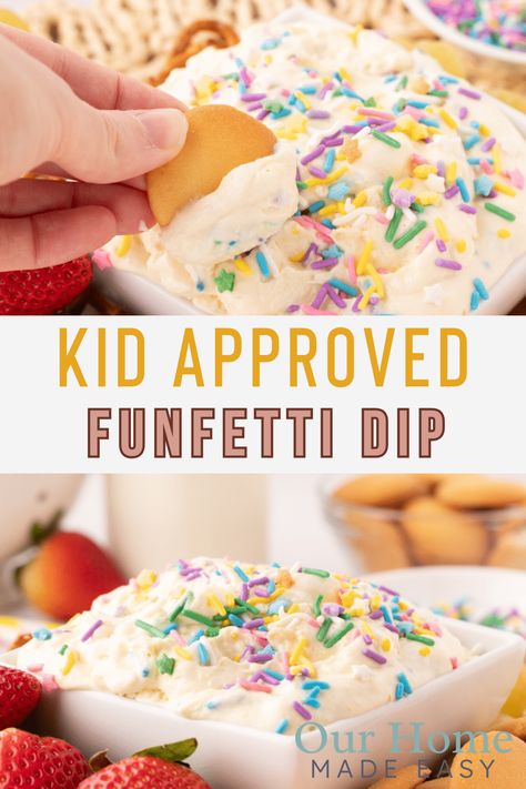 Dive into the world of scrumptious treats with this 5-ingredient Funfetti Cake Batter Dip. It's an easy and delightful recipe sure to please even the picky eaters, great for afterschool snacks, birthday parties, or anytime you crave a sweet, simple delight. Indulge in a dip that's as fun as it is delicious! Easy Funfetti Cake, Funfetti Cake Batter Dip, Afterschool Snacks, Funfetti Dip, Kids Birthday Food, Easy Dessert Dips, Cake Batter Dip, Dessert Dip Recipes, Dessert Dip