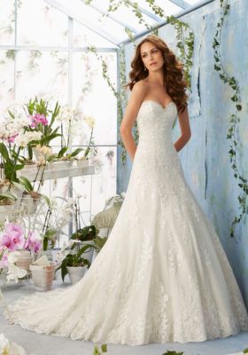 Embroidered Lace Appliques on Net with Scalloped Hemline over Soft Satin Morilee Bridal Wedding Dress | Style 5404 | Morilee Lace A Line Wedding Dress, A Line Wedding Dress Sweetheart, Net Gown, Mori Lee Wedding Dress, Ian Stuart, Rembo Styling, 2016 Wedding Dresses, Designer Bridal Gowns, Mori Lee