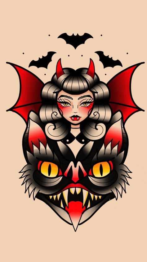 Halloween Traditional Tattoo Flash, American Traditional Tattoos Cute, Neon Traditional Tattoo, American Traditional Tattoos Spooky, Spooky Western Tattoo, American Traditional Horror, Traditional Goth Tattoo, Vampire Tattoo Traditional, Traditional Witch Tattoo