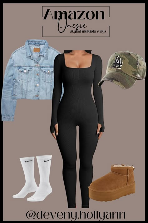 Body Suit Outfits Winter Long Sleeve, Black Full Bodysuit Outfit Winter, Black One Piece Outfit Ideas, Long Sleeve Bodysuit Outfit Ideas, Long Sleeve Jumpsuit Outfit Winter, Black Bodysuit Outfit Winter Long Sleeve, Ribbed Jumpsuit Outfit, Outfits With Jumpsuits, Styling Jumpsuits Casual