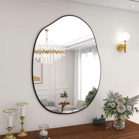 BEAUTYPEAK Asymmetric Mirror, Irregular Wall Mirror, Unique Shape Wall Mounted Vanity Mirror With Wood Back Panel, Living Room Bedroom Entrance Hallway Decoration | Wayfair Asymmetric Mirror, Mirror Framing, Panel Living Room, Mirrors Ideas, Frameless Mirrors, Powder Room Mirror, Mirror Unique, Frame Bathroom, Hallway Decoration