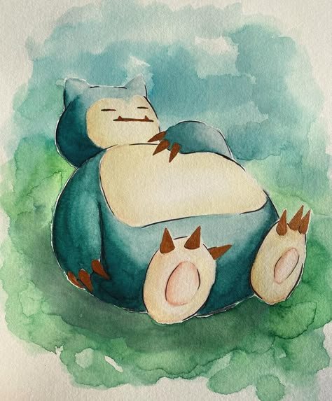 Snorlax Watercolor, Pokemon Watercolor Paintings, Watercolor Art Pokemon, Anime Watercolor Art Easy, Cute Pokemon Drawings Easy, Pokemon Painting Ideas, Snorlax Painting, Watercolour Pokemon, Watercolor Inspo Easy