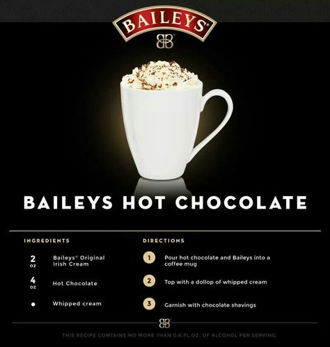 Baileys hot chocolate: the ultimate Christmas drink. Hot Chocolate Baileys, Baileys Christmas, Baileys Recipes Drinks, Baileys Hot Chocolate, Baileys Drinks, Baileys Cocktails, Hot Chocolate Ingredients, Irish Cream Coffee, Baileys Recipes