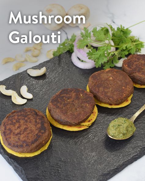 mushroom galouti Veg Galouti Kebab Recipe, Mushroom Galouti Kabab, Mushroom Snack Recipes, Mushroom Kebab, Mushroom Snacks, Mushroom Starters, Indian Starters, Veg Starters, Veg Starter Recipes