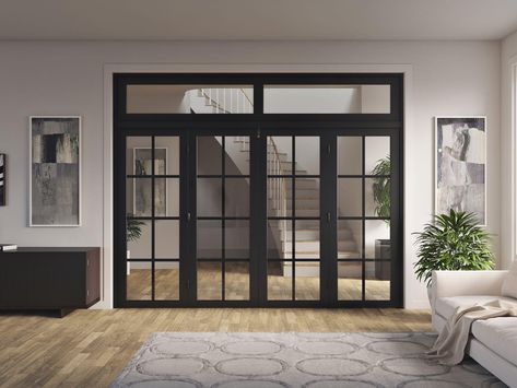 Doors-Plus-Internal-Painted-White-Shaker-Hinged double 4 panel door-with translucent safeglass-for Living room-front view Jendela Alumunium, Aluminum Windows Design, Concertina Doors, Aluminium Glass Door, Glass Bifold Doors, Aluminum Doors, Internal French Doors, Internal Glass Doors, House Window