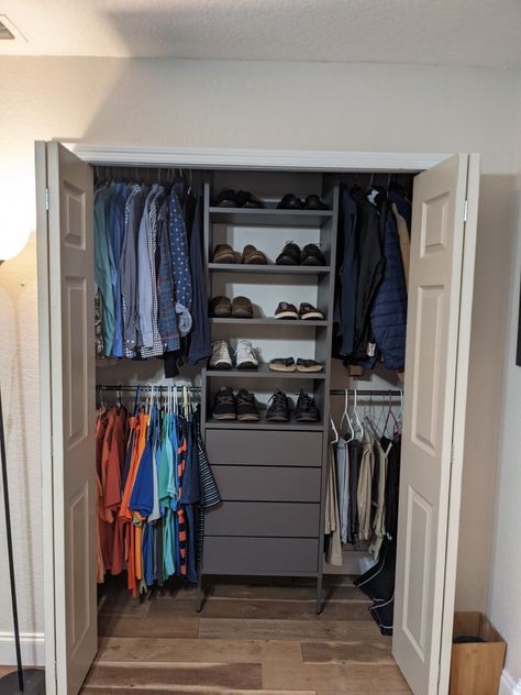 Guys Closet Ideas, Ikea Songesand Closet, Guy Closet Ideas, Ikea Aurdal Closet, Boys Closet Ideas, Ikea Aurdal, Boy Closet Organization, Teen Boy Closet Organization, Male Closet