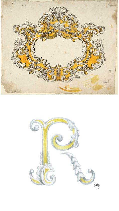 "R" from The Chinoiserie Alphabet, based on "Rococo Cartouche with Cherubs" in The Met collection. The Letter Nest by Sally King McBride. © Sally King McBride, 2019. Letter R, Ancient Greek, Rococo, Design Logo, Chinoiserie, 18th Century, Alphabet, Typography, Logo Design