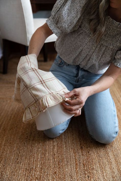 diy Peplum Lampshade — The Grit and Polish Diy Pleated Skirt, Lampshade Redo, The Grit And Polish, Grit And Polish, Pleated Lampshade, Dover White, Farmhouse Fabric, Lampshade Designs, Diy Skirt