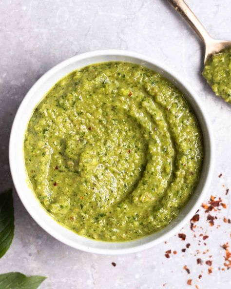 This Thai basil pesto is flavorful, nutty, and incredibly rich in flavor! A great condiment to have on hand to spice up your meals. Easy to make and is ready in 10 minutes. Thai Basil Pesto, Thai Peanut, Meals Easy, Thai Basil, Power Foods, Basil Pesto, Gluten Free Vegetarian, Spice Up, Vegan Vegetarian