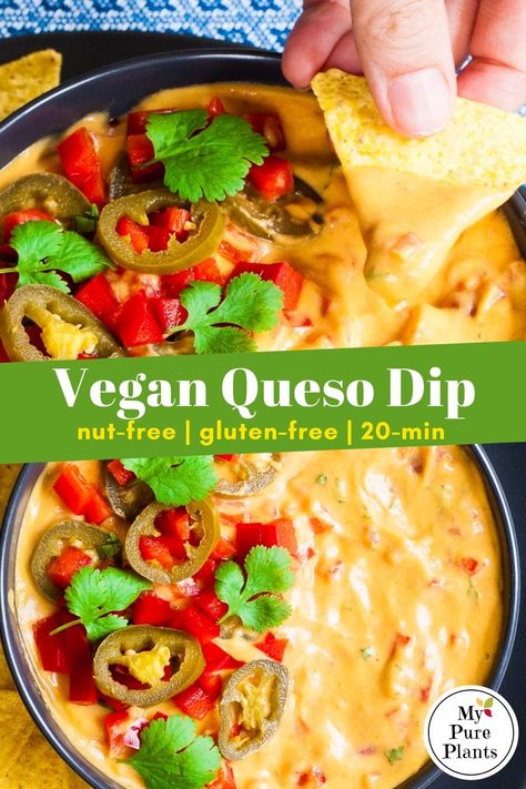 Our favorite Vegan Queso Dip is based on our creamy, delicious, nut-free and veggie-based cheese sauce. Way healthier than any store-bought processed stuff. You can make this dip within 20 minutes. Super quick right? No cashews here, so I dare to say that it is also quite budget-friendly. Dairy Free Nacho Cheese, Vegan Queso Dip, Vegan Crockpot, Vegan Queso, Vegan Nachos, Queso Recipe, Vegan Dip, Queso Dip, Vegan Sauces