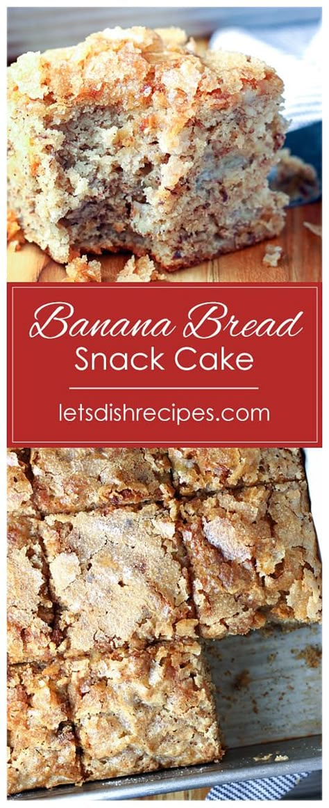 Banana Bread Snack Cake Banana Bread Sheet Cake, Banana Bread Squares, Cake Pan Banana Bread, Banana Bread With 4 Bananas, 4 Banana Recipe, Banana Bread Recipe 9x5 Pan, Snack Cake Recipes 8x8, Banana Baked Goods, Banana Sheet Cake Recipe