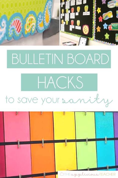 Some of the best hacks for bulletin boards in your classroom! Bulletin Board Ideas For All Year Round, Easy Bulletin Board Borders, Group Bulletin Board Ideas, Announcement Bulletin Board Ideas, 4th Grade Bulletin Boards, High School Bulletin Boards Hallways, Classroom Banner Ideas, Bulletin Board Hacks, Student Work Bulletin Board