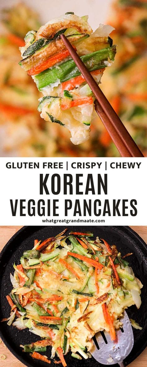 This gluten free easy Korean vegetable pancake recipe (Yachaejeon) is a traditional Korean side dish. Veggie-packed with crispy, golden brown edges and a chewy middle, and served with a delicious dipping sauce. This side dish will be a family favorite in no time! Gluten Free Korean Dessert, Delicious Gluten Free Meals, Korean Low Carb Recipes, Korea Side Dishes, Korean Pankace Recipe, Non Gluten Breakfast Ideas, Easy Korean Banchan, Snacks For Friends Over, Asian Dishes Healthy