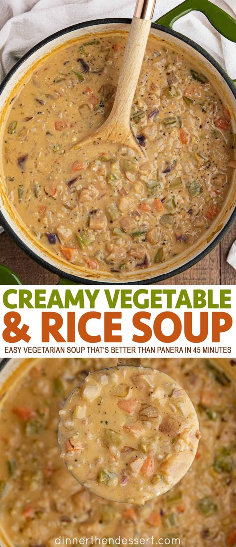 Creamy Vegetable and Rice Soup is a hearty vegetarian soup with carrots, potatoes and onions is an easy soup in 45 minutes that's better than Panera! #soup #vegetablesoup #creamysoup #vegetariansoup #vegetariandinner #vegetableandricesoup #vegetarianrecipe #dinner #dinnerthendessert Panera Soup, Vegetable Rice Soup, Hearty Vegetarian Soup, Soup With Carrots, Italian Vegetable Soup, Soup Vegetable, Potatoes And Onions, Clear Soup, Rice Soup Recipes