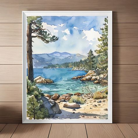 Lake Tahoe Painting Watercolor Art Print Nevada Landscape Nature Wall Art State Park Wall Decor Travel Art Download Tahoe Painting, Nevada Landscape, Water Painting Ideas, Family Photo Shoot Ideas, Water Color Art, Family Cabin, Watercolor Landscapes, Cover Inspiration, Lake Wall Art