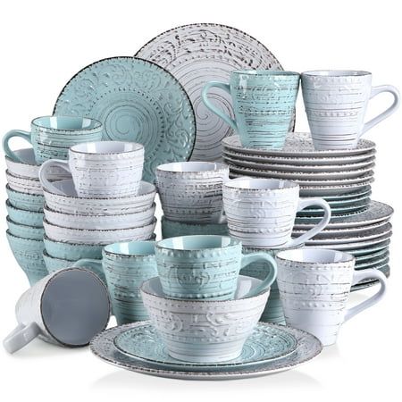 About us 1. vancasso Dinnerware Tableware Set, Series VINE, 48-Piece Dinner Set with 12-Piece Dinner Plate, 12-Piece Dessert Plate, 12-Piece Cereal Bowl and 12-Piece Mug 2. Goes Perfectly with Family Everyday Use, and Has Excellent Use at Any Family Get- together, Restaurant, Formal Banquet. 3. Whether it's exotic Japanese dinner set, colorful combination set, exquisite coffee set, delicate dessert bowls with wooden board, or modern crockery service in noble white, Every piece is an individual w Dinnerware Sets For 12, Crockery Set, Bowl Mug, Japanese Dinner, Stoneware Dinnerware Sets, Plastic Coating, Stoneware Dinnerware, Dinner Service, Blue Color Schemes