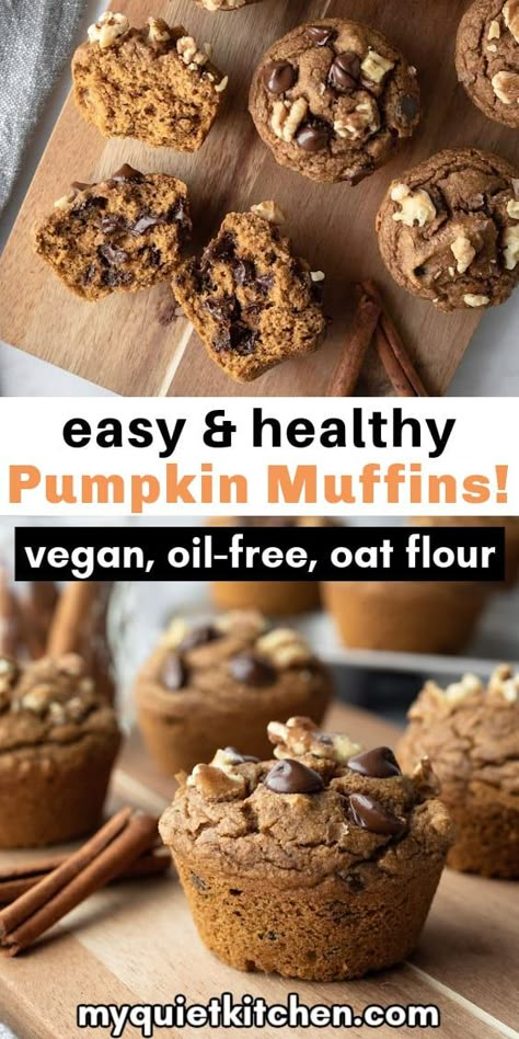 These healthy vegan pumpkin muffins are lightly sweetened, generously spiced, and made with oat flour. You'll love them for breakfast, snacks, and dessert! Gluten-free and made without oil, soy, or coconut. Nut-free option! Gf Df Pumpkin Recipes, Gluten And Dairy Free Muffins, Vegan Pumpkin Chocolate Chip Muffins, Gluten Free Pumpkin Chocolate Chip, Pumpkin Chocolate Chip Muffin Recipe, Beaming Baker, Gluten Free Dairy Free Muffins, Vegan Pumpkin Muffins, Chocolate Chip Muffins Recipe