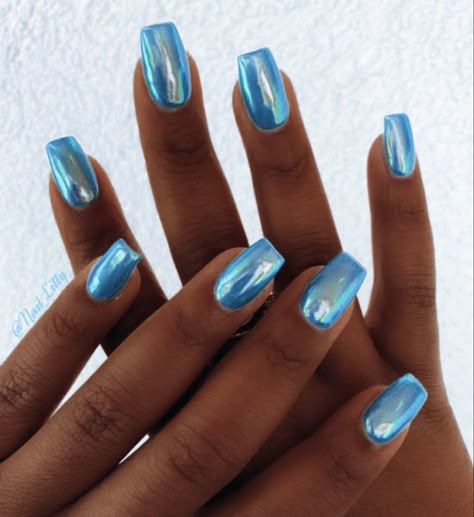 Multicolored Chrome Nails, Blue And Orange Chrome Nails, Bright Coloured Nails, Mermaid Blue Nails, Blue Holo Nails, Blue Mermaid Nails, Mermaid Chrome Nails, Sabrina Nails, Purple And Blue Nails