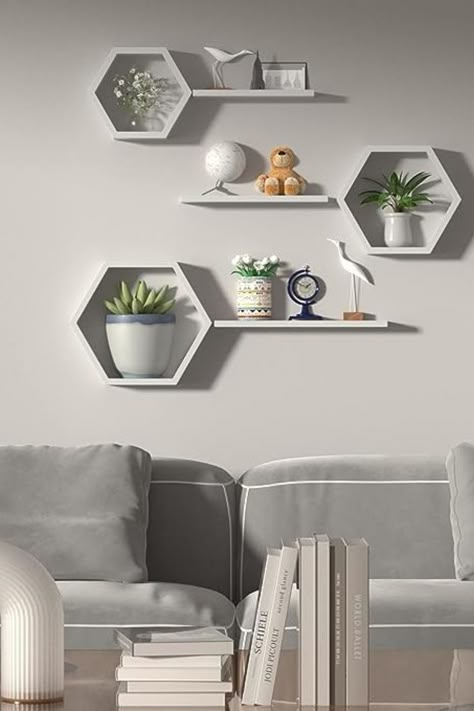 Honeycomb Shelf Diy, White Hexagon Shelves, White Honeycomb Shelves, Bathroom Wall Mounted Shelves, Hexagonal Wall Shelves, Shelving Ideas For Living Room Wall, Modern Wall Shelf Bedrooms, Hexagon Shelves Living Room, Modern Wall Shelf Living Room