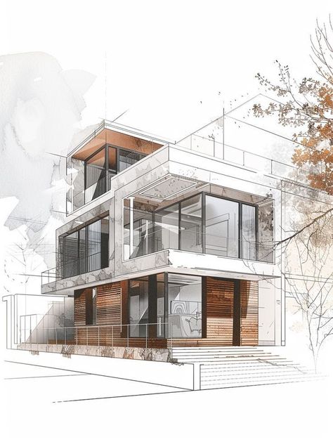 Latest 3d elevation design houseelevationArchitecturaldesign bestelevationdesign Modern architectural sketch of a multi-story house with large windows and wooden accents, surrounded by trees. | Sky Rye Design House With Large Windows, House Drawing Ideas, Drawing Ideas Simple, 3d Elevation Design, Minimalist Houses, House Design Drawing, Wooden Cladding, Simple Sketches, Architecture Blueprints