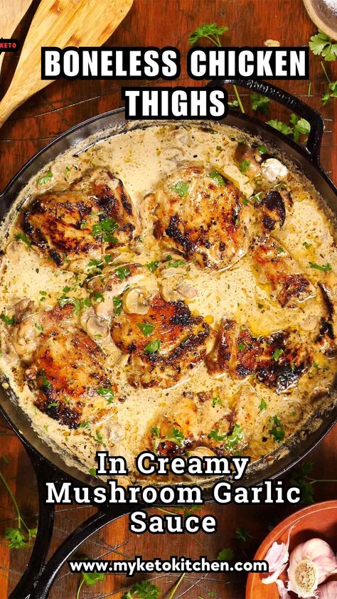 One of my favorite one-pan recipes is this country-style boneless chicken thighs in creamy garlic mushroom sauce. It’s cheap and easy to make on a budget. The recipe includes boneless, skinless chicken thighs, cream, herbs, mushrooms, and garlic cooked in just one pan. Boneless Skinless Chicken Thigh Recipes With Egg Noodles, Best Boneless Chicken Thigh Recipes, Stove Top Chicken Thigh Recipes, Chicken Thigh Recipes Cast Iron Skillet, Boneless Skinless Chicken Thigh Recipes Easy, Crockpot Chicken Thighs Boneless, Boneless Thigh Recipes, Chicken Thigh Boneless Skinless, Skinless Boneless Chicken Thigh Recipes