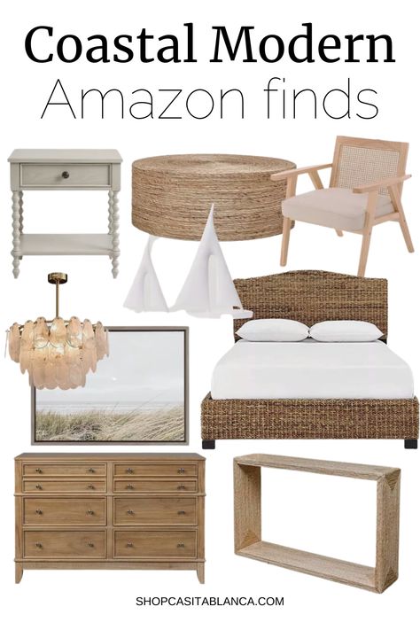 Shop coastal furniture and decor from Amazon and transform your home into a beachside paradise! Imagine a bright, beautiful setting with the inviting smells and sounds of the sea. Drift away to a calming retreat surrounded by charming nautical pieces and laid-back comfort. Whether you’re looking for statement pieces in a coastal color palette or beach-inspired accessories, Amazon has everything you need to create the perfect beach getaway. Small Lake Cottage Interiors, Coastal Modern Bedroom, Coastal Bedroom Furniture, Modern Bedroom Ideas, Inviting Bedroom, Coastal Interior, Wood Bedroom Furniture, Coastal Modern, Coastal Living Rooms