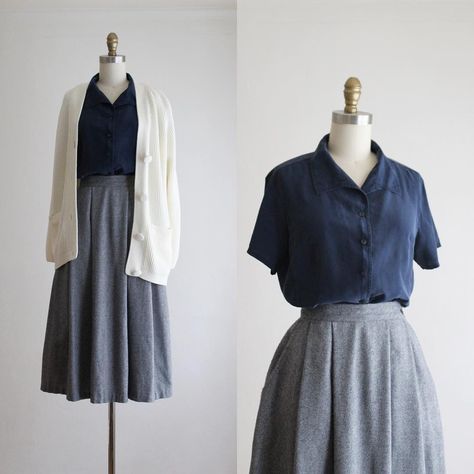 Vintage Chic Aesthetic, Navy Chic Outfit, Grey Navy Outfit, Blue And Grey Outfit Women, Navy And Gray Outfit, How To Style Navy Blue Shirt, Navy And Grey Outfits For Women, Shirts For Skirts, Grey And Navy Blue Outfit