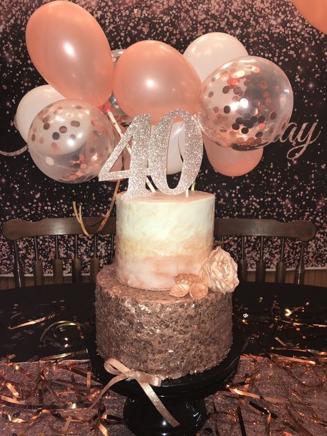 Rose gold glitter 40th birthday cake Sparkly 40th Birthday Ideas, 40th Birthday Cake Rose Gold, 40th Birthday Cake For Women Rose Gold, Pink And Gold 40th Birthday Cake, Elegant 40th Birthday Cake For Women, 40th Birthday Rose Gold Theme, Rose Gold 40th Birthday Decorations, 40tg Birthday Cake Women, Rose Gold 40th Birthday Ideas