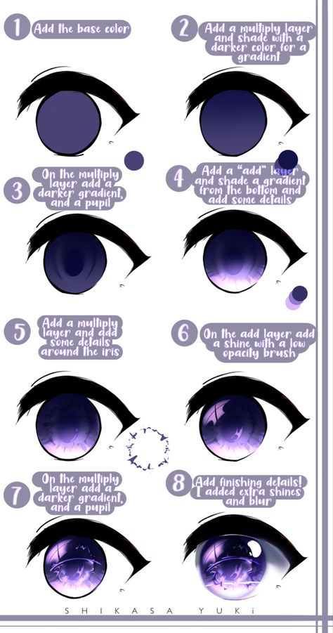 Vivalynnn / Shikasa Yuki Purple Anime Eye shading tutorial sheet on IbisPaint X Anime Eye Tutorial Digital, Anime Eyes Shading, How To Shade Eyes Ibispaint, Anime Shading Tutorial, Purple Eyes Drawing, Anime Eye Shading, Eye Color Ideas, Black Eyes Drawing, How To Color Eyes