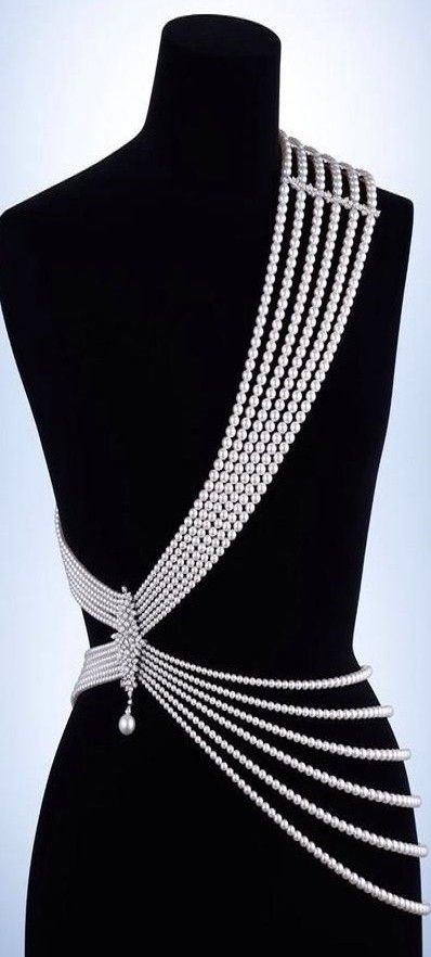 An excellent way to use pearls as more than just a necklace! The design of this accessory is simply gorgeous.  Pearls - layered over the dress Mikimoto Pearls, Body Chains, Body Adornment, Beading Ideas, Body Jewellery, White Beads, Harrods, Pearl Jewelry, A Black