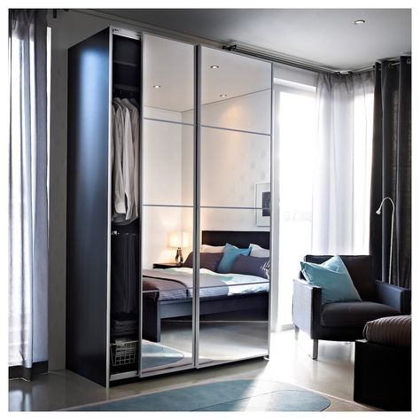 Bedroom Closet Doors Sliding, Mirrored Closet Doors, Mirrored Closet, Armoire Ikea, Bedroom Closet Doors, Design Ložnic, Scandinavian Design Bedroom, Ikea Wardrobe, Mirror Closet Doors