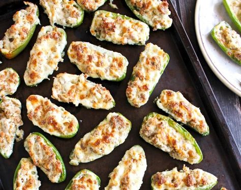 Sausage Jalapeño Poppers Jalapeno Poppers With Sausage, Recipes Jalapeno, Sausage Stuffed Jalapenos, Jalapeno Popper Recipes, Party Bites, Jalapeño Poppers, Poppers Recipe, Jalapeno Recipes, Hot Sausage