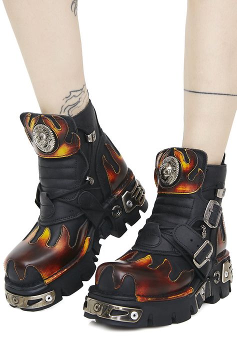 New Rock World On Fire Flame Boots | Goth Boots New Rock Flame Boots, Fire Nation Clothes, Flame Boots, Rainbow Scene, New Rock Shoes, Fire Boots, Abstract Makeup, Dorian Electra, Lace Up Wedge Boots