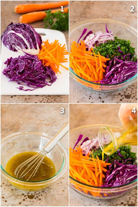 This red cabbage slaw is a blend of shredded carrots, cabbage, red onions and herbs, all tossed in a homemade dressing. A quick and easy side dish that pairs perfectly with grilled meats and seafood, and can even be served in wraps or sandwiches. Cabbage Slaw No Mayo, Salmon With Cabbage Slaw, Red Cabbage Carrot Salad, Boiled Red Cabbage Recipes, Thai Red Cabbage Salad, What To Do With Red Cabbage, Red Cabagge Salad, Picketed Red Cabbage, Red Cabagge Recipe