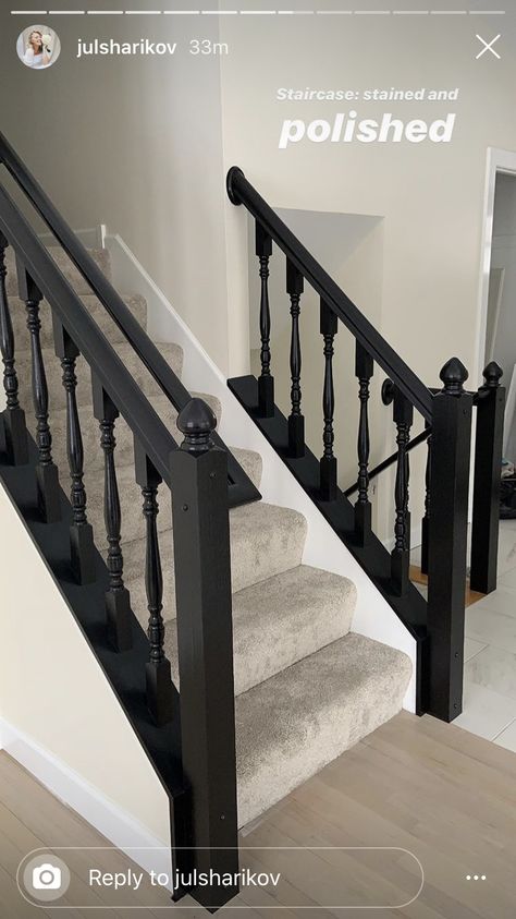 Black Railing Stairs, Oak Railing, Bannister Ideas, Hallway Update, Stairs Remodel, Black And White Hallway, Stairs And Hallway Ideas, Stair Railing Makeover, Black Staircase