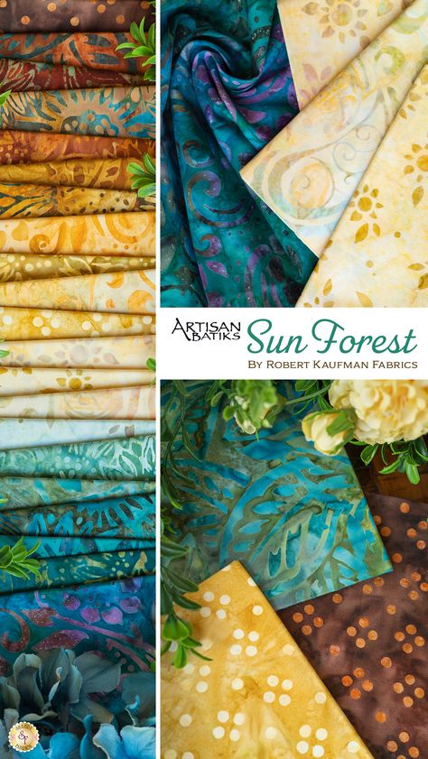 Sun Forest from Robert Kaufman is a gorgeous Artisan Batik collection with nature motifs. This collection features 21 skus and is available by the yard and in fat quarters, 2-1/2" strips, 10" squares, and 5" squares. Witchy Aesthetics, Free Quilting Patterns, Bohemian Fabric, Fabric Outlet, Nature Motifs, Fashion Dictionary, Quilt Fabric Collections, Batik Fashion, Boho Fabric