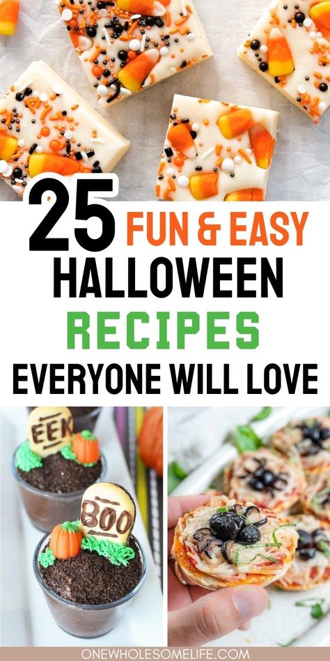 Collage of easy halloween recipes. Easy Halloween Deserts Recipes, Kids Halloween Dessert Ideas, Halloween Baking Championship Recipes, Spooky Halloween Baked Goods, Cookies For Halloween Party, Halloween Baked Goods Recipes, Kids Halloween Desserts, Kids Halloween Recipes, Quick And Easy Halloween Appetizers