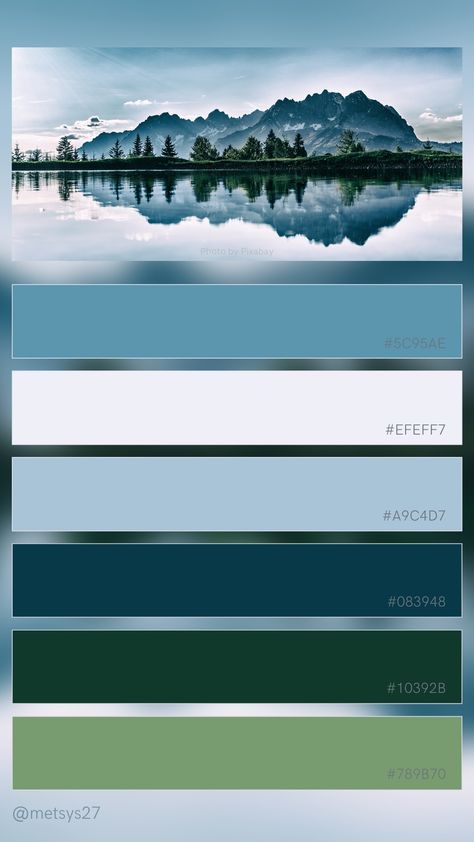 { #colorpalette #colors #designers #forest #lake #landscape } Sea And Forest Color Palette, Lakehouse Colour Palette, Lake Colour Palette, Mountain Lake Color Palette, Fishing Color Palette, Greens And Blues Palette, Arctic Color Palette, Alaska Color Palette, Navy Blue Complimentary Colors