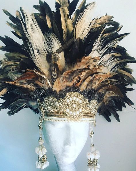 God/Goddess natural feather embellished festival/burner style headdress. Made from a variety of feathers (including white peacock feathers, pheasant and hen feathers, extra long black rooster and black and white dyed guinea fowl feathers), this headdress is an absolute winner and Carribean Carnival Costumes, Black Rooster, God Goddess, Native American Pictures, Peacock Dress, Cute Couple Halloween Costumes, White Peacock, Guinea Fowl, Rooster Feathers