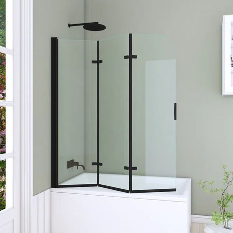 Hypertaire 51" W x 59"H Folding Tub Door Bathtub Screen with Clear Glass & Reviews | Wayfair Black Tub Door, Clawfoot Tub With Glass Door, Folding Shower Door Over Bath, Bathtub Door Ideas, Clawfoot Tub Shower Combo, Folding Shower Screen, Bathtub With Glass Door, Bathtub Screen, Secondary Bathroom