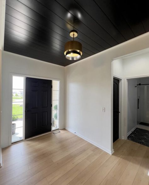 Trim For Shiplap Ceiling, Grey Shiplap Ceiling, Shiplap Drop Ceiling, Shiplap Ceiling Laundry Room, Whole House Shiplapped, Black Shiplap Ceiling Kitchen, Inverted Ceiling Design, Vinyl Plank Flooring On Ceiling, Black Plank Ceiling