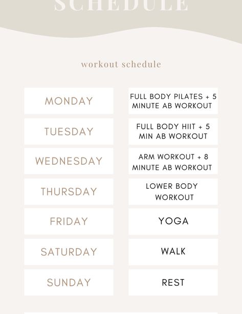 FWTFL Workout Schedule & Favorite Workouts | Workout Weekly Schedule At Home, Yoga Workout Schedule, Hiit And Strength Training Schedule, Weekly Workout Schedule For Fat Loss, Fwtfl Schedule, Weekly Pilates Workout Schedule, Pilates Schedule Workout Plans, Pilates And Strength Training Schedule, Pilates Weekly Schedule