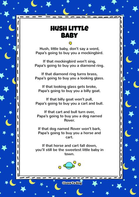 Download this popular kids video song "Hush Little Baby" With FREE lyrics and fun activities. Childhood Songs, Children Rhymes, Lullaby Lyrics, Lyrics Images, Free Song Lyrics, Rhymes Lyrics, Bedtime Songs, Nursery Rhymes Lyrics, Lullaby Songs