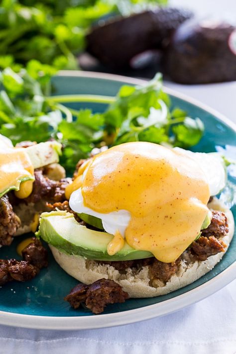 Mexican Eggs Benedict - Spicy Southern Kitchen Chipotle Hollandaise Sauce, Ground Chorizo, Mexican Eggs, Eggs Benedict Casserole, Homemade Hollandaise Sauce, Spicy Southern Kitchen, Eggs Benedict Recipe, Thanksgiving Brunch, Mexican Chorizo